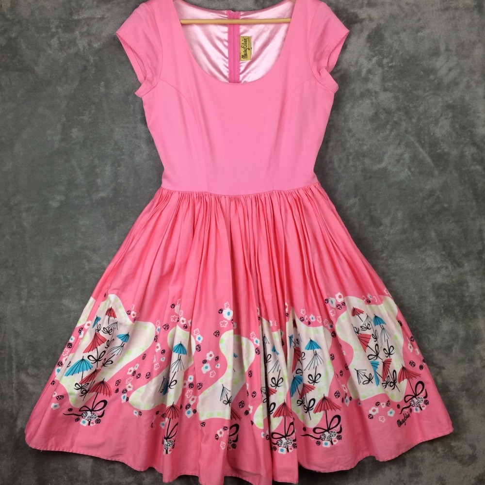 Pinup Couture Magic Of Mary Blair Dress Medium Disney Artist Umbrellas Pink USA‎
